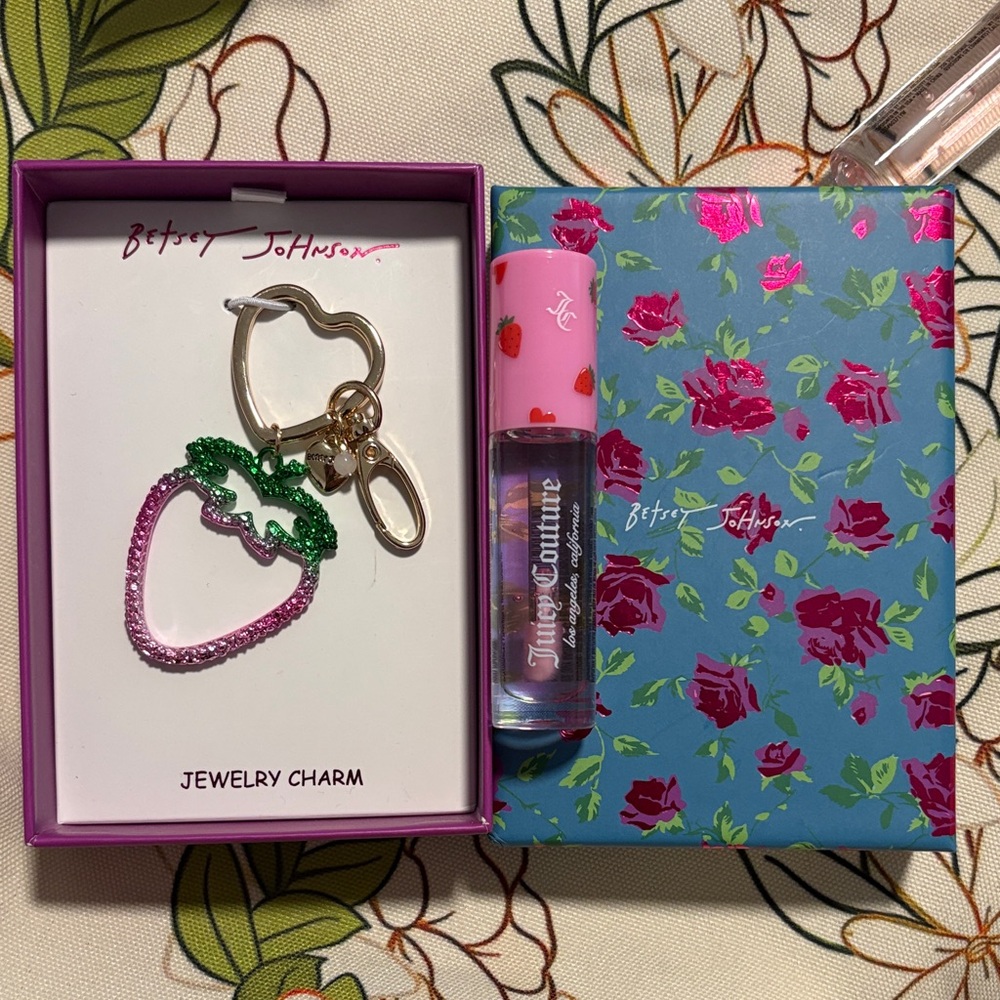 NIB Betsey Johnson Strawberry Bag Charm Plus Juicy Couture Lip Oil